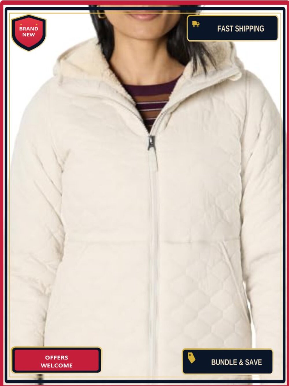 Women's Lightweight Quilted Full-Zip Water-Resistant Sherpa-Lined Hooded Puffer
